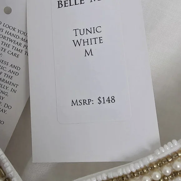 NEW Belle Mar Marena Sol White 100 %Linen Tunic Gold Pearl Beaded M - Picture 9 of 11